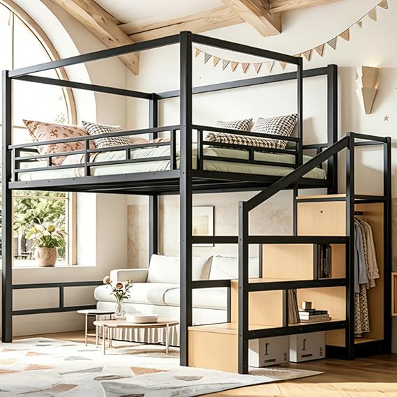 Bellemave Queen Loft Bed with Storage Stairs & Wardrobe, Metal Loft Bed with Canopy Frame, Heavy Duty Queen Size Loft Bed for Adults, No Box Spring Needed, Black Natural