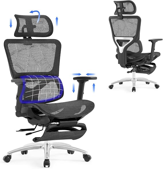Ergonomic Mesh Office Chair with Adjustable Armrest and Headrest, High Back Breathable Swivel Chair with Lumbar Support for Home Office, Black