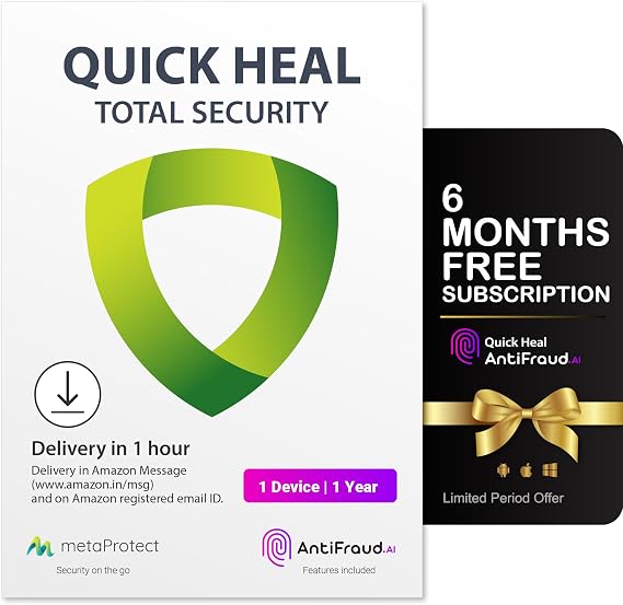 Quick Heal, Total Security, 1 User, 1 Year, AI Based Device Security for Windows PC, Dark Web Monitoring and Parental Control (Email Delivery in 1 Hour- No CD) + Get 6 month AntiFraud.