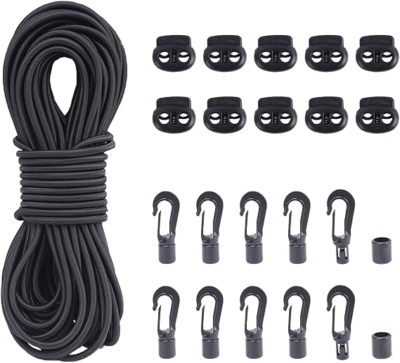 20M Bungee Cords with Hooks 5MM Elastic Rope with 10pcs Bungee Shock Cord Hooks and 10pcs Plastic Clips for Drawstrings, Heavy Duty Elastic Rope for Tarpaulin Trailer Backpack Tene Luggage