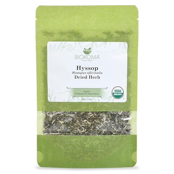 Biokoma Organic Hyssop Dried Herb 50g (1.76oz) Cut Hyssopus officinalis USDA Organic No GMO Herbal Tea Respiratory & Immune Support Resealable Moisture Proof Pouch No Additives No Preservatives Kosher