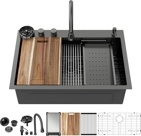 Kichae 33 Black Kitchen Sink Smart Drop In Waterfall Stainless Steel
