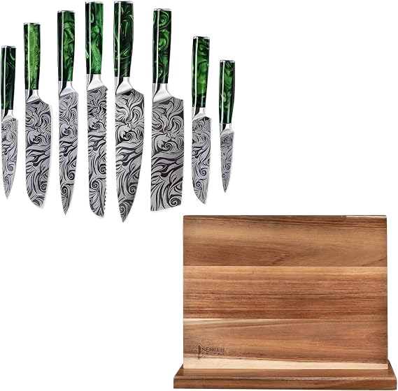 SENKEN 8-piece Japanese Wasabi Green Knife Set with Magnetic Knife Block Bundle