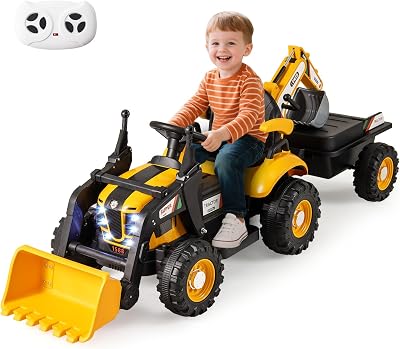 Costzon 4 in 1 Ride on Tractor, Excavator & Bulldozer for Kids, 12V Electric Construction Vehicle wTrailer, Adjustable Seat, Shovel Bucket, Digger, LED Lights & Music, Backhoe Toy Car with Remote