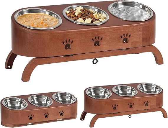 Elevated Cat Bowls,Cat Food Bowls,Tilted Pet Bowl,Bamboo Raised Cat Bowl,Adjustbale Cat Feeding Bowls Pet Feeder with Stand 3 Stainless Steel Bowls for Cats Small Dogs