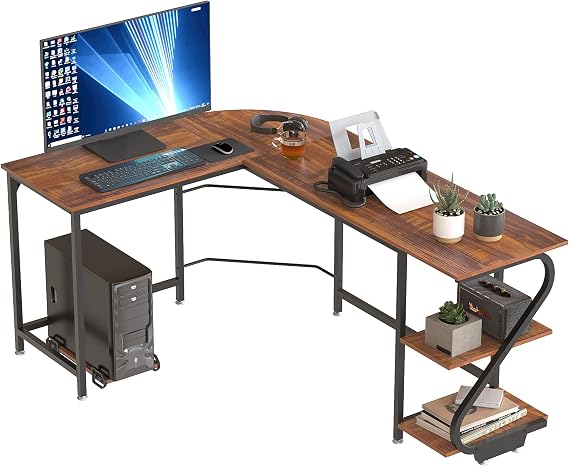 Weehom Reversible L Shaped Desk with Shelves Large Corner Computer Desk Gaming Desks for Home Office Writing Workstation Wooden Table,Rustic Brown