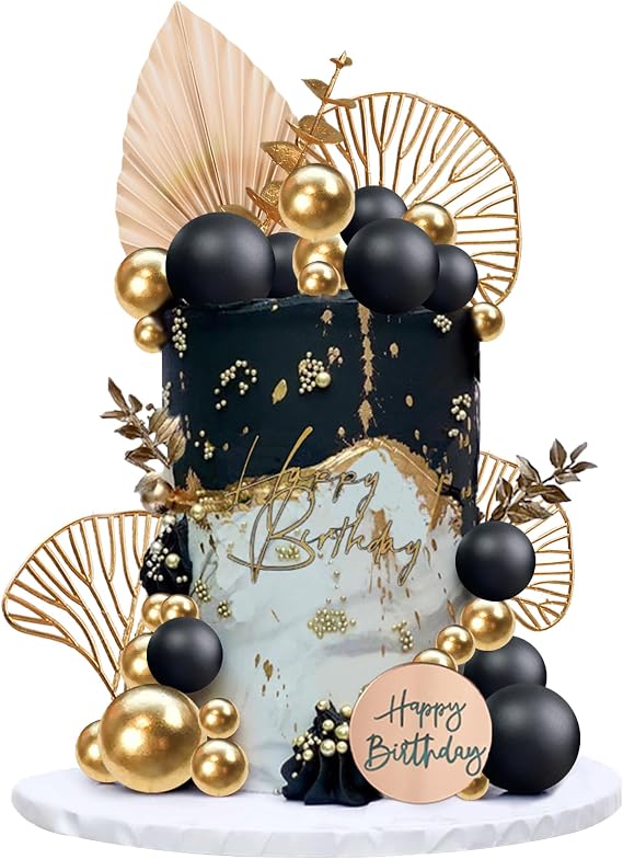 Boho Cake Topper Happy Birthday Cake Decorations with Balls Eucalyptus for Wedding Birthday Supplies (Black)