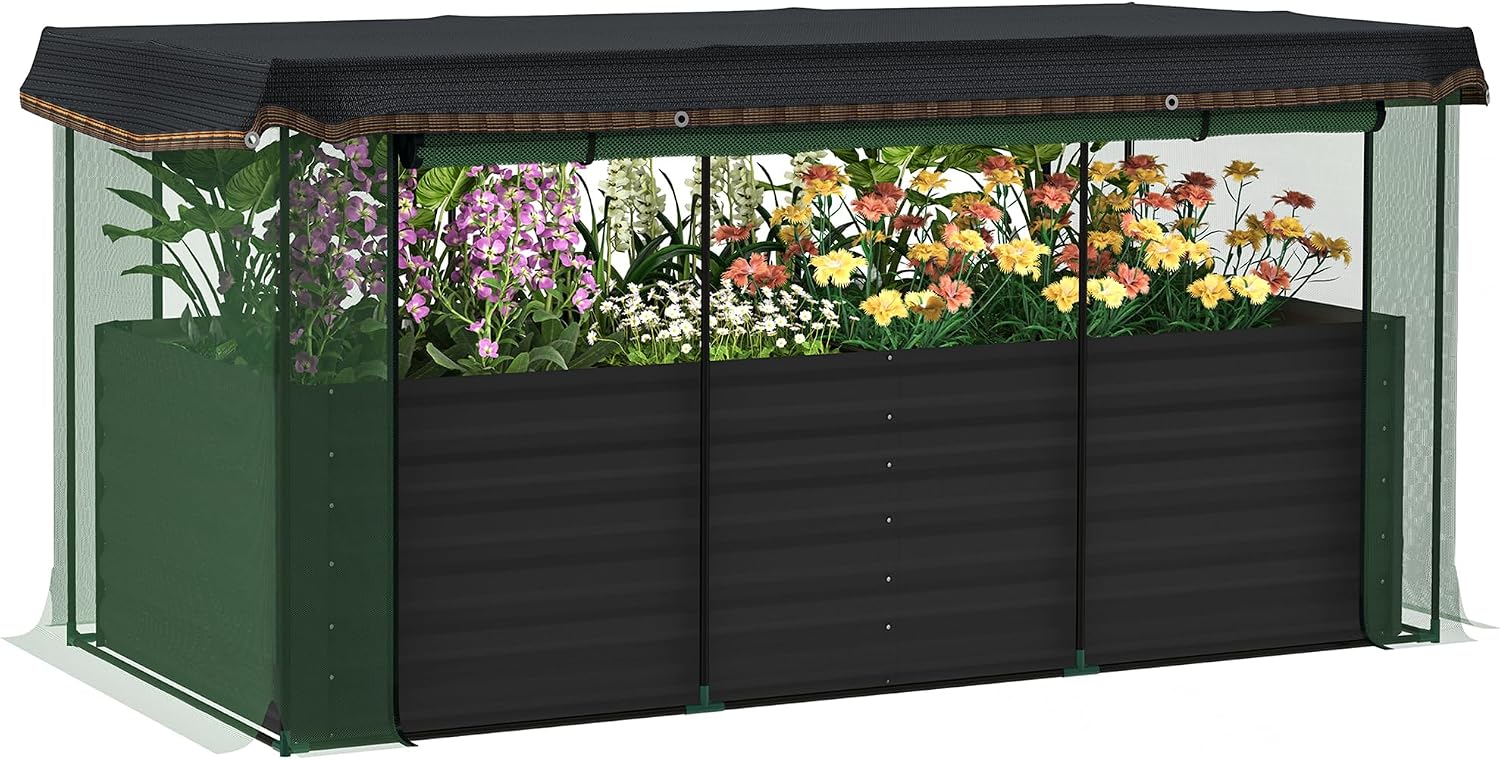 Outsunny 7.3 x 3.4 x 2 ft Galvanized Raised Garden Bed with Crop Cage Plant Protection Net and Shade Cloth Roof, Metal Planter Box with Cover for Vegetables, Flowers, Herbs, Dark Gray