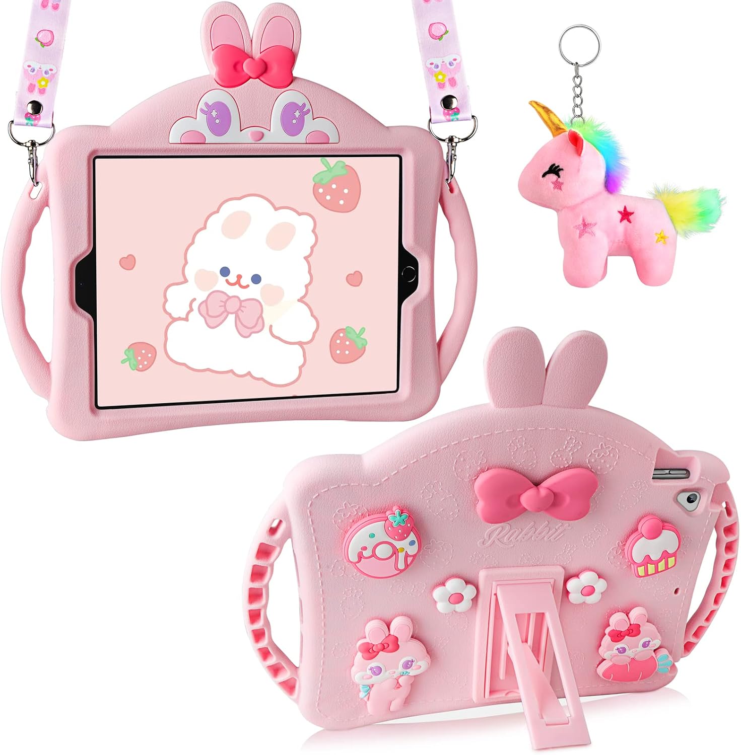 Aolcev for iPad 6th5th Generation Case iPad Air 2 for Kids Girls Heavy Duty Shockproof Silicone with Stand Lanyard Cute Unicorn Keychain Tablet Protective Cover for iPad 9.7 inch-Pink