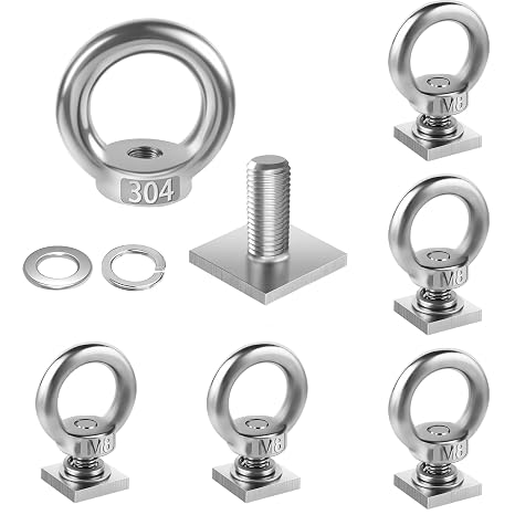 6 Pack Eye Nut with T-Slot Bolt, KWOKWEI M8 Heavy Duty Eye Bolts with Nuts, 304 Stainless Steel Roof Rack T Bolt Eye Nut for Holding Bungee Cord, Anchoring kit, Ropes Anchoring etc