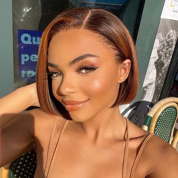 LUVME HAIR 10Inch Ombre Brown Lace Front Wig Auburn Bob Wigs T Part Short Wigs for Black Women Glueless Wig Side Part Straight Human Hair Pre Plucked