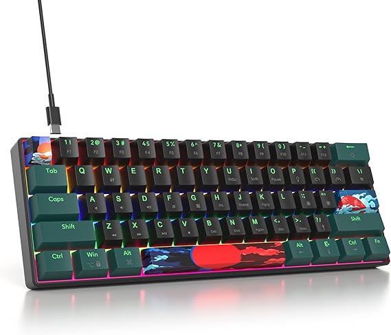 60% Mechanical Gaming Keyboard with Linear Red Switch 60% Wired Ultra Compact Mini Keyboard Rainbow with PBT Keycap for Ps4/Ps5/Xbox 61 Green