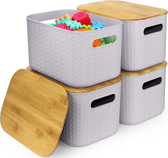 4 Pcs Plastic Purple Storage Baskets with Bamboo Lid for Bathroom