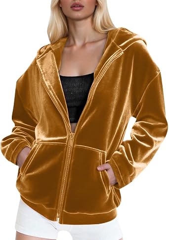 Oversized Velvet Jacket for Womens Casual Full Zip Sweatshirt Hooded Outerwear Fall Winter Coats with Pockets