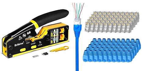 Brileine RJ45 Pass Through Crimper Tool and Shielded Cat6 Connectors Bundle