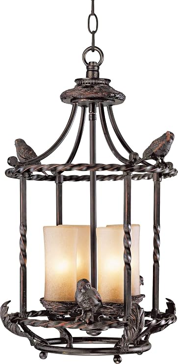 Song Birds 13" Wide Pendant Rustic Indoor-Outdoor Chandelier Light Fixture | Wrought Iron Bronze Cage Scavo Glass 4-Light for Dining Room House Foyer Kitchen Island Entryway Bedroom Living