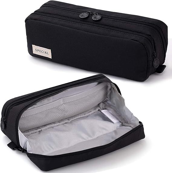 Pencil Pen Case Large Capacity Pencil Pouches Bag with Extendable Big Compartments, Double Zipper Black Pencil Pouch Organizer Bag School Office Aesthetic Supplies for Girls Boys Adults