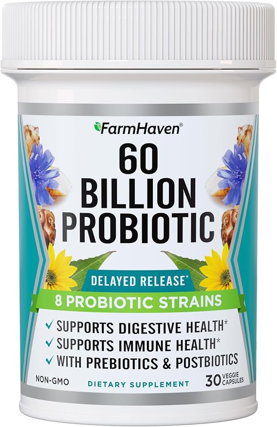FarmHaven 60B CFU Probiotic, 8 Strains, Prebiotics & Postbiotics, 30 Caps