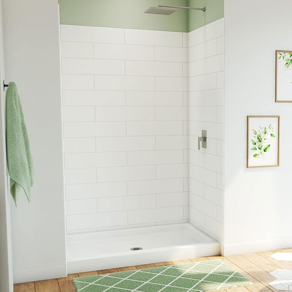 DreamLine DreamStone 34 inch D x 54 inch W Center Drain Shower Base and Modern Subway Wall Kit in White