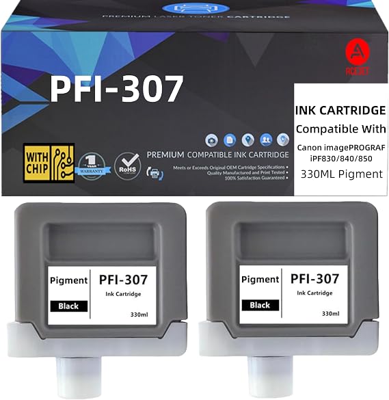 PFI-307 Ink Tank Pigment Replacement for Canon PFI-307MBK PFI-307BK PFI-307C PFI-307M PFI-307Y Compatible with imagePROGRAF iPF830 iPF840 iPF850 (Black-2Pack 330ml)