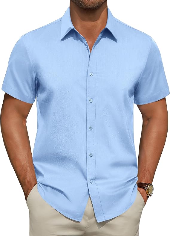 Men's Short Sleeve Dress Shirts Stretch Stain Shield Business Casual Button Down Shirts Solid Formal Wedding Tops