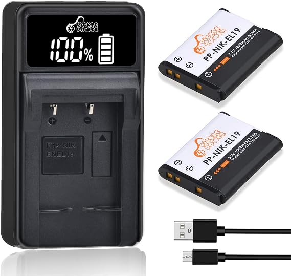 Pickle Power EN-EL19 NP-BJ1 Battery and LED USB Charger Compatible with Nikon Coolpix S32 S33 S100 S2800 S3100 S3200 S3300 S3500 S3600 S3700 S4100 S4200 S4300 S5200 S5300 S6500 S6600 S6800 S6900 S7000