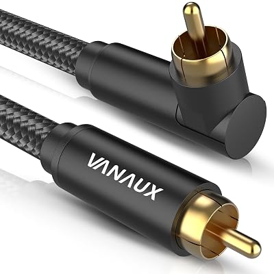 VANAUX 90 Degree Subwoofer Cable,Premium Audio RCA to RCA Cable,Gold-Plated Connectors Ideal for Tight Spaces,Home Theater,Sound Systems 90 Degree to Straight, Black-6.6FT2M