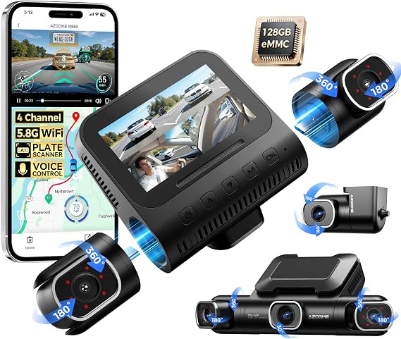 AZDOME M660 4 Channel Dash Cam Front and Rear Inside, 128GB eMMC 2K+1080P*3