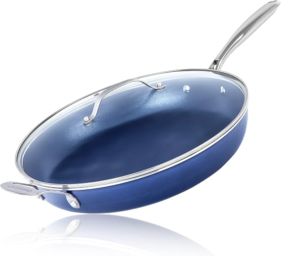 Granitestone 14 Inch Large Nonstick Frying Pan with Lid, Diamond Infused Non Stick Skillet, Family Sized, PFOA Free, Oven & Dishwasher Safe Up to 500F, 4.5 Qt Aluminum Pan, Blue