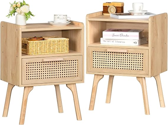 Lerliuo Rattan Nightstands Set of 2, Boho Side Table with Drawer Open Shelf