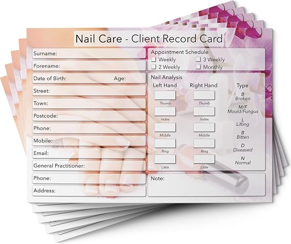 Nail Care Client Cards A6 Size - Salon and Therapist Customer Consultation Record - Treatment Services Essentials - Profile and Recording Forms - Beauty Stationery - 105x148mm - Pack of 50