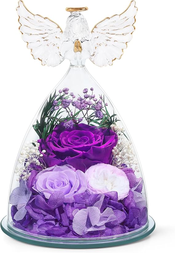 FIACO Gifts for Mom Women Birthday Preserved Rose in Glass Angel Figurine Forever Fresh Flower for Delivery, Mothers Day Flowers Gifts for Grandma Wife Daughter Friends