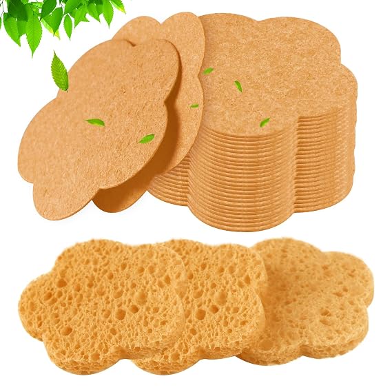 50-Count Facial Sponges, Natural Fiber, Deep Yellow, Reusable, Exfoliating Sponges for Cleansing, Makeup Gift