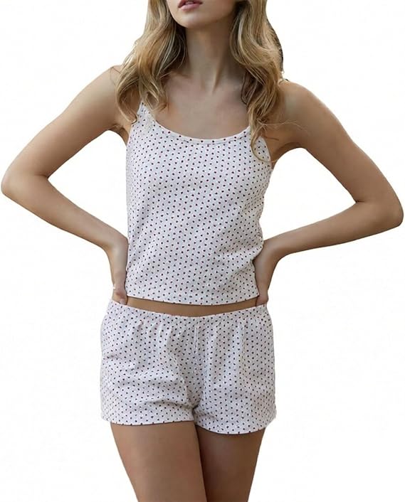 RUEWEY Women's Pajamas Shorts Set Spaghetti Strap Crop Top and Shorts Pjs Sleepwear Sets