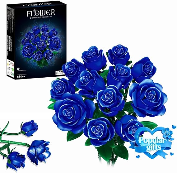 Flowers Bouquet Building Set, 12 Artificial Blue Roses Botanical Collection Building Block Educational Toys for Girls Kids Women Gift for Valentine's Day Christmas, 634 PCS