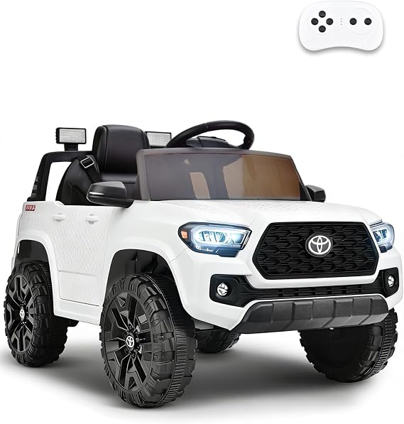 Blitzshark 12V Kids Ride on Car Licensed Toyota Tacoma, with Remote Control | Battery Powered Motorized Electric Vehicle, Digital Display, Spring Suspension, Storage Space, Music &FM, White