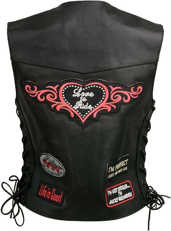 EVENT LEATHER ELL4900 Womens 'Love to Ride' Black Leather Motorcycle Patched Embroidered Vests with Side Laces