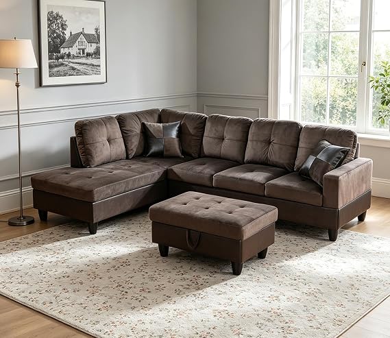 Fabric Sectional Couches for Living Room, 103" W Sectional Sofa Set with Storage Ottoman, L-Shaped Living Room Furniture Set with Sleeper Chaise(Brown)