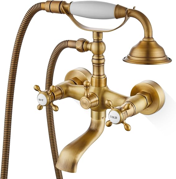 Airuida Wall Mount Tub Faucet with Handheld Shower Antique Brass | Cross handles,2-Handle,Telephone Handheld Sprayer,Vintage Victorian Style Tub Filler Set