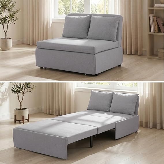 BALUS 40" W Twin Size Pull Out Sofa Bed Chair Sleeper Couch with Pullout Beds, Linen 2 in 1 Convertible Sleepers Sofa Chair Turns into Twin Bed with Pillows for Small Space Apartment Loft, Light Grey