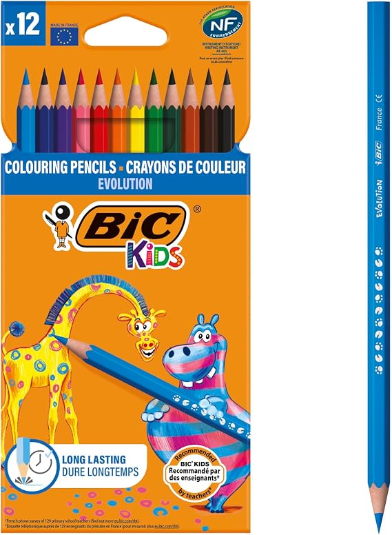 BIC Kids Evolution Kuru Boya Kalemi, 12'li Kutu, Kıymık Oluşturmaz, Çiğnemeye Karşı Dayanıklı, Kolay Açılır