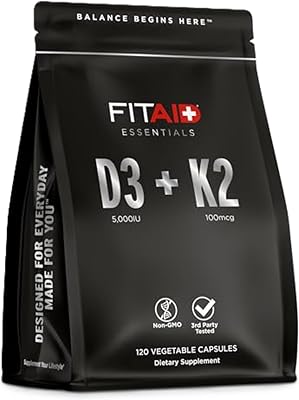 FITAID Essentials Vitamin D3 K2 Capsules, 5000 IU Vitamin D3  100mcg K2 for Weightlifting, Running, Cycling, Bone Health, Energy, Immune Support, 4 Month Supply, 120 Bioavailable Veg Capsules