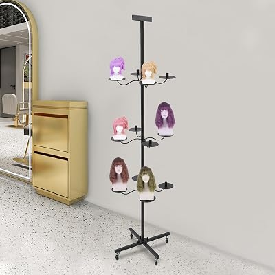 Wig Head Stand, 12-Head Wig Holder Mannequin Head Stand Tripod Metal Wig Organizer Storage Rack w Base for Multiple Wigs Display Black Black