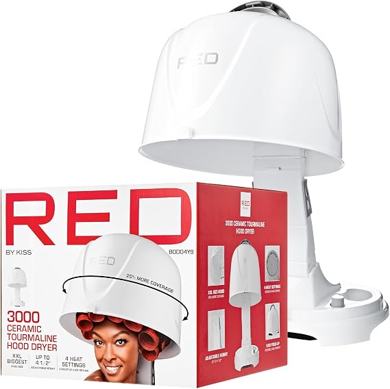 Red by Kiss 3000 Ceramic Tourmaline Professional Hood Dryer, 4 Heat Settings Blow Dryer for Home & Salon, Height Adjustable Convenient Big Hood Size Extra Coverage (1875 Wattage)