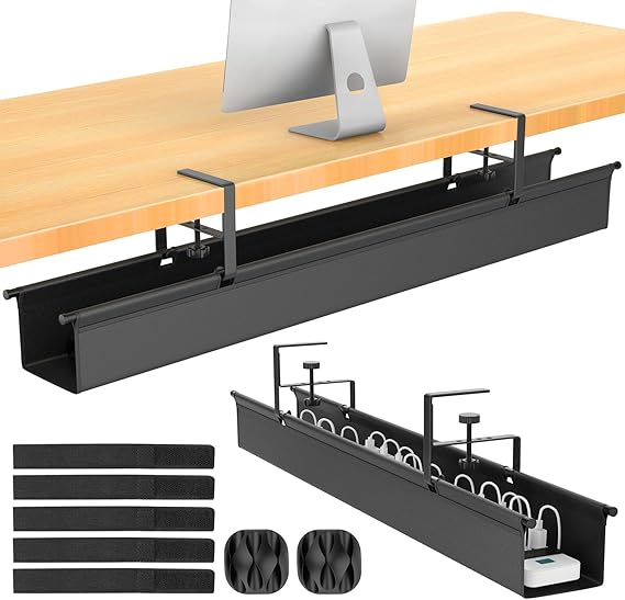 REFLYING 111cm Cable Management Tray, Under Desk Cable Management No Drill, Adjustable Clamp Desk Wire Organiser, Cable Tray for Standing Table, Cable Tidy in the Office or Home, Black