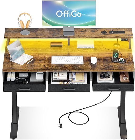 OffiGo Standing Desk with 3 Storage Drawers, 120cm Height Adjustable Desk | Electric Sit Stand Table with Monitor Stand, LED Lights, Power Outlet, Space Saving for Small Home Office Living Room, Brown