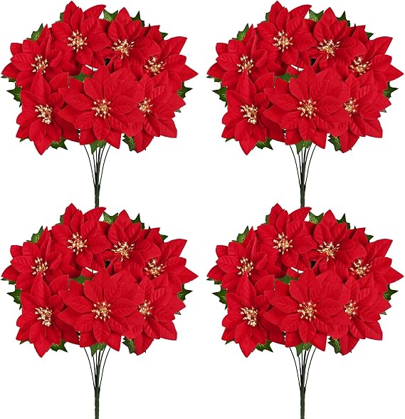 Poinsettia Flowers Artificial Christmas Flowers, 4 Pack 17'' Poinsettia Christmas Decorations, Velvet Red Poinsettia Flowers for Christmas Tree Party Porch Garden Indoor Outdoor Home Decoration