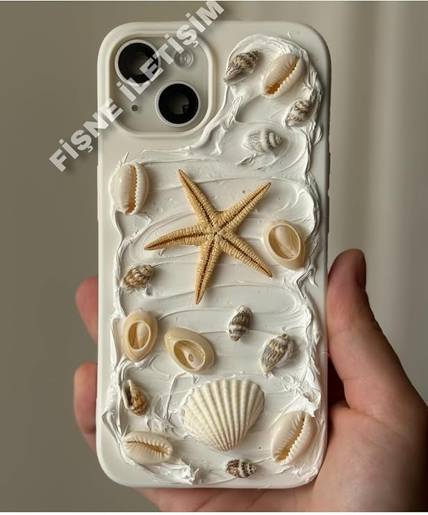 iPhone 15 Uyumlu Deniz 3D Yıldızı Desenli Kılıf, Ekru