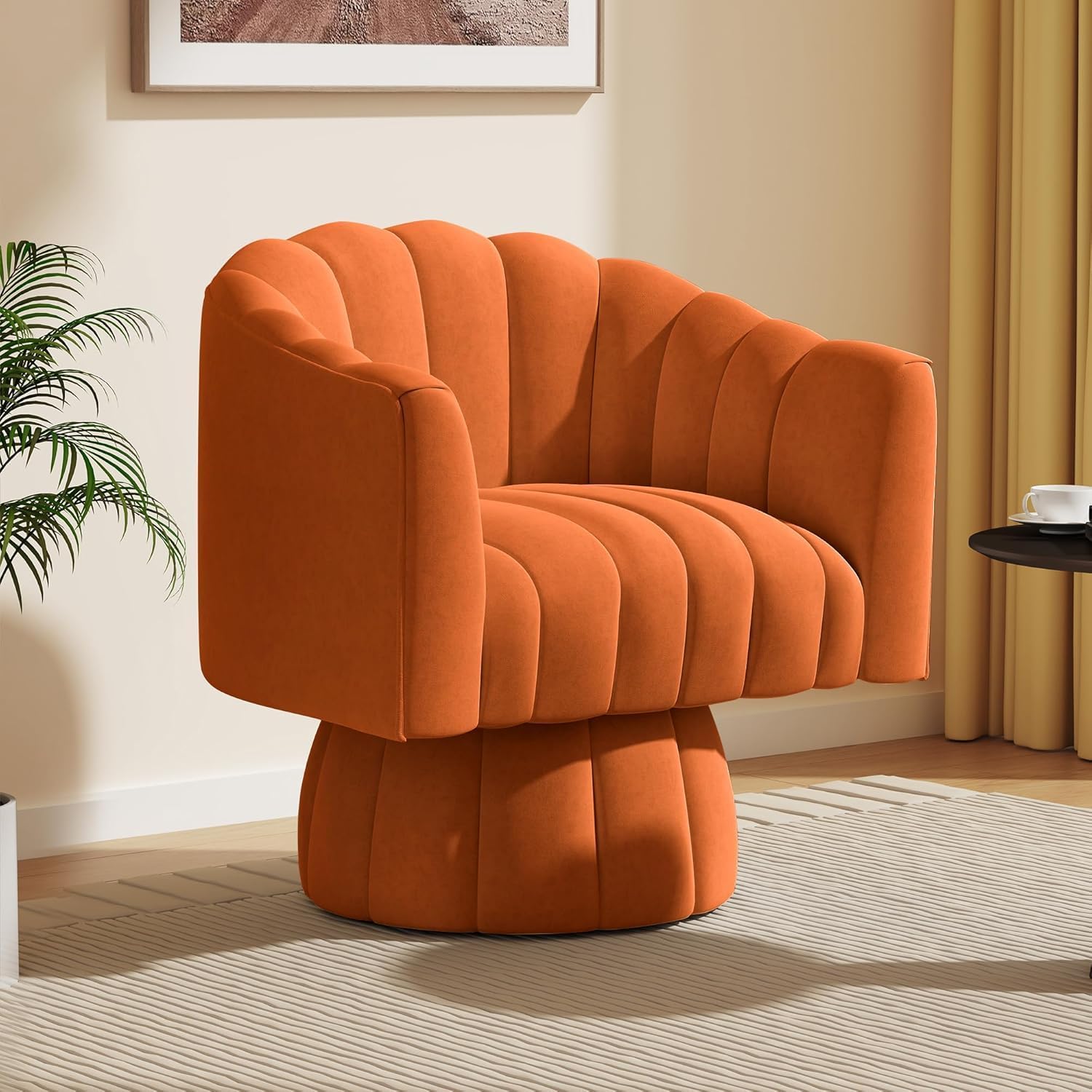 Accent Chair Mid-Century 360 Degree Swivel Modern Lounge Sofa Round Barrel Wide Upholstery Fluffy Velvet Fabric Home Sofa for Living RoomBedroomWaiting Room Orange