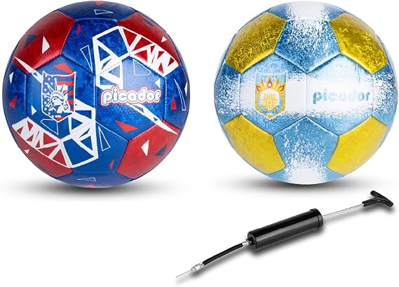 Picador 2Pcs Size 4 Soccer Balls Blue Yellow & Blue Red,Laser Leather Soccer Ball for Sport Training & Match Play - Vibrant Soccer Balls Gift Set with Pump for Kids and Youth